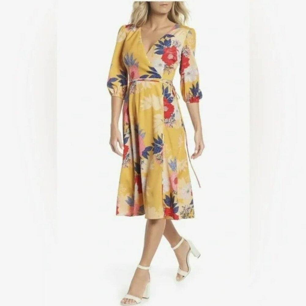 Eliza J Yellow Floral Faux Wrap Midi Dress Tea Party long sleeve.  SZ 4